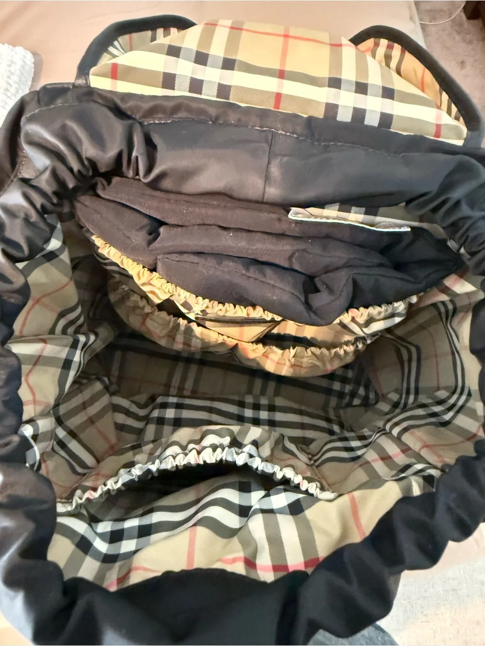 AUTHENTIC Burberry Diaper Bag Backpack. With Black nylon and leather trim.